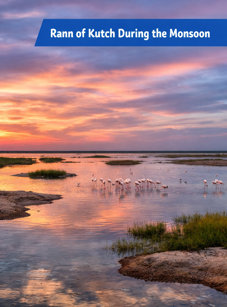 Rann of Kutch flooded during monsoon with flamingos
